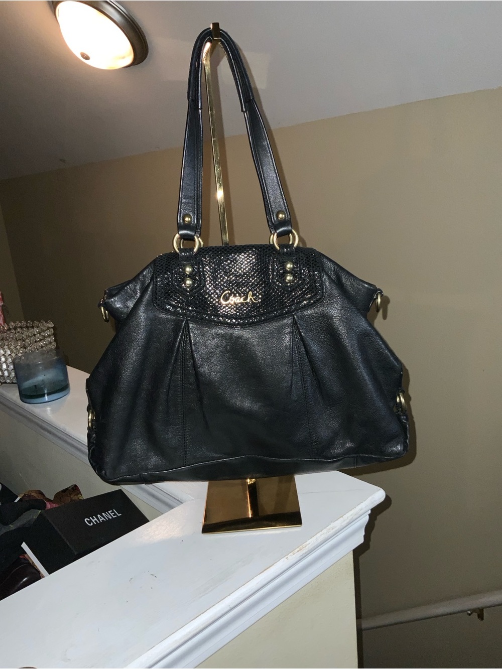 Coach Black Leather Shoulder Bag with Gold Accents
